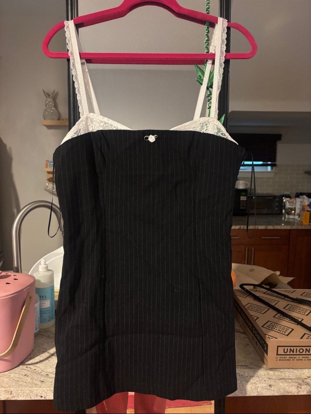 Black Pinstripe Cami Dress with White Lace Trim